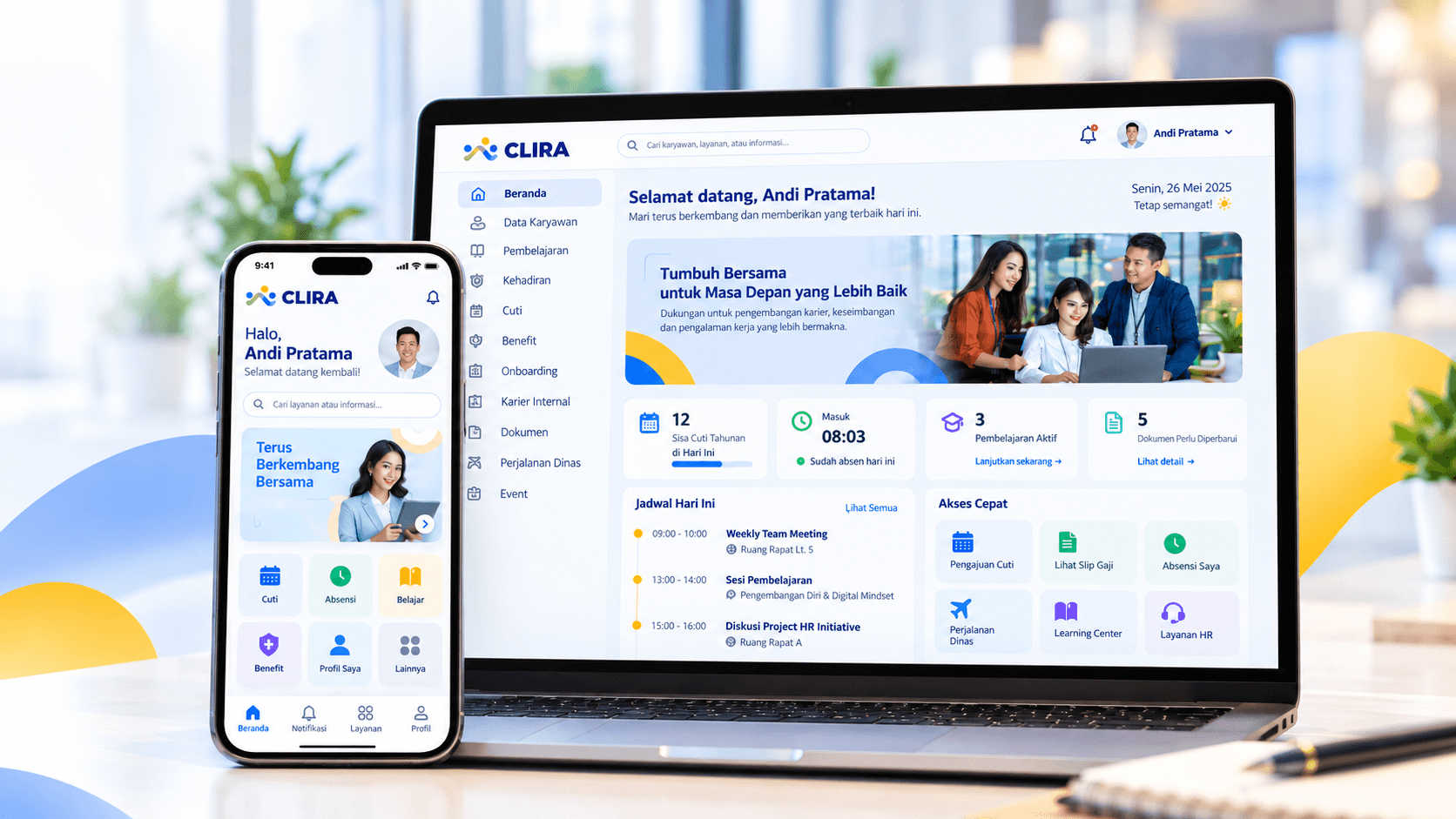 Conceptual CLIRA desktop and mobile employee services illustration